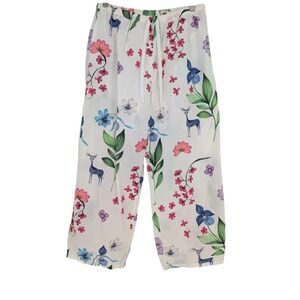 The Cats Pajamas Pants Womens S White Floral Deer Cotton Cropped Relaxed Whimsy